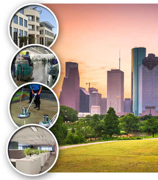 Commercial cleaning and janitorial services in San Francisco with city skyline and cleaning service images