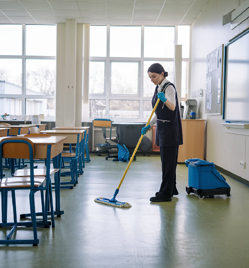 professional office cleaning service disinfecting desk with spray and microfiber cloth