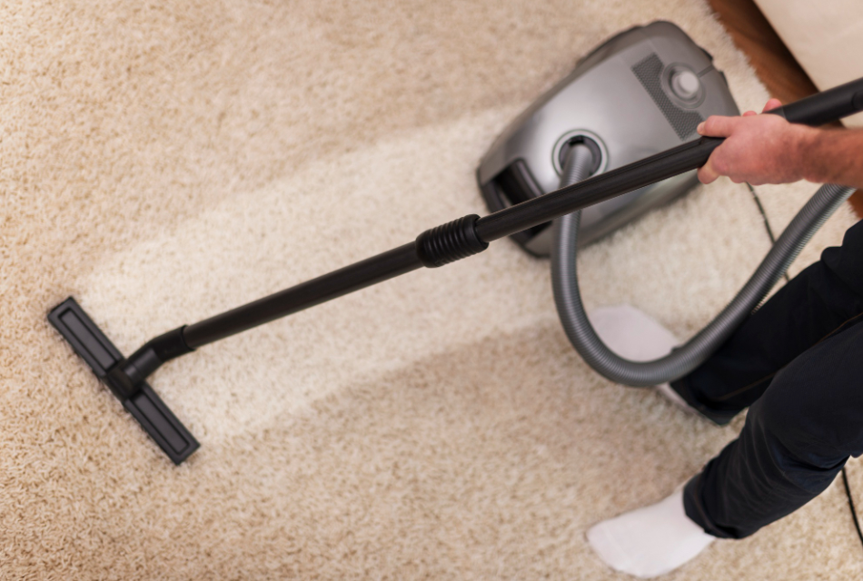 Cleaner vacuuming a carpet as part of a commercial carpet maintenance service.