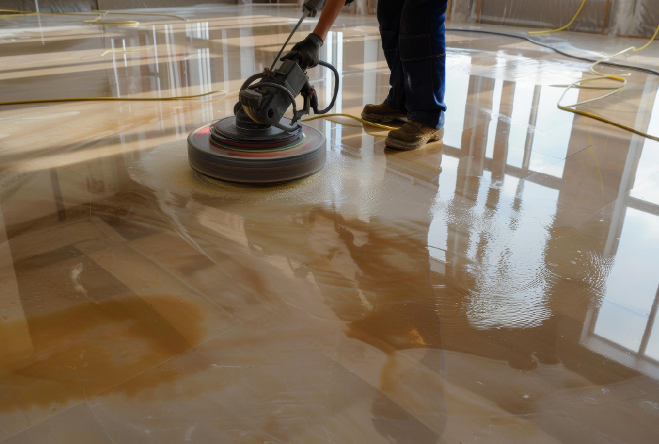 Floor care technician polishing a shiny commercial floor after stripping and waxing.