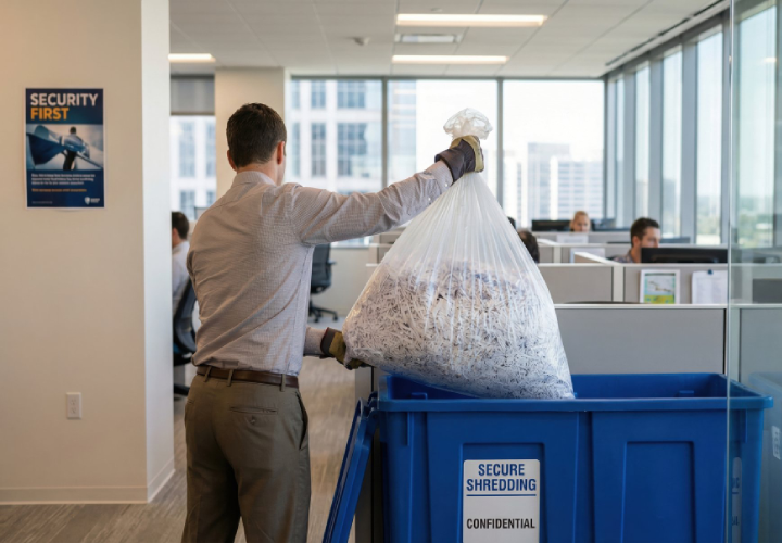 Cleaning worker removing a large bag of shredded paper from an office