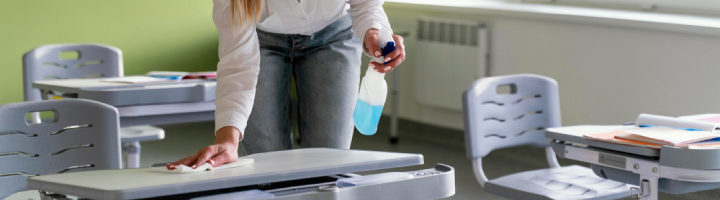 Cleaning professional disinfecting student desks inside a classroom