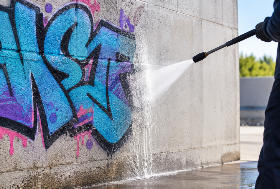 Pressure washer removing colorful graffiti from an exterior concrete wall