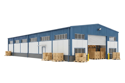 Commercial warehouse building with loading area and stacked boxes